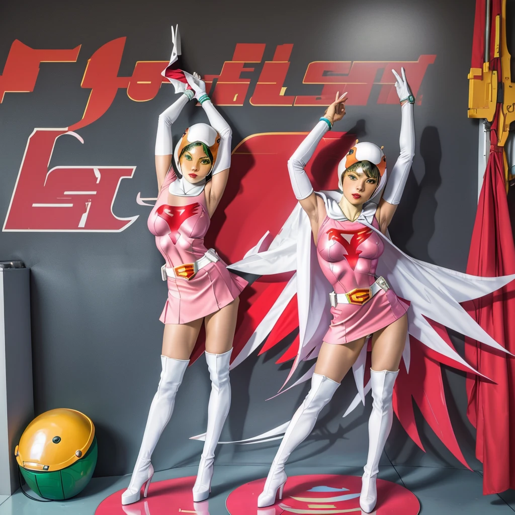 ANI_CLASSIC_jun_gatchaman_ownwaifu,1girl, ,good anatomy, masterpiece, best quality,realistic, hyperrealistic, 16k hdr,breasts,green eyes,lips,large breasts,lipstick,makeup,gloves,cape,helmet,belt,elbow gloves,white gloves,mask,ultra miniskirt,leotard,spacesuit,white tight overknee highheels boots,pink dress,superhero,bodysuit,cleavage,erected nipples,((standing pose,spread legs, arms up straight)),cameltoe