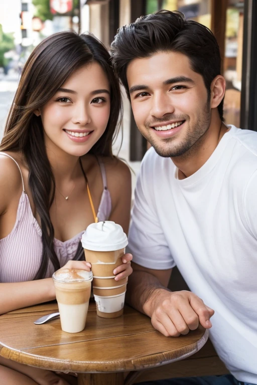 ((Highest quality)), ((masterpiece)), (detailed), Couple,Young men and women,Smiling woman,Smiling man,A kind-looking man,Pretty woman,Drinking coffee at a cafe,Japanese,Around 30 years old,summer,Rustic feel,Chubby,Women at the forefront