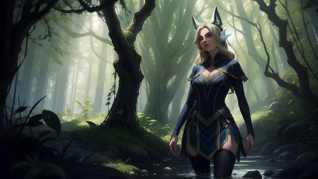 "Elf with a captivating look, unearthly beauty, flowing golden hair, pointed ears, dressed in elaborate elven attire, surrounded by a mystical forest, soft sunlight, breaking through lush greenery."