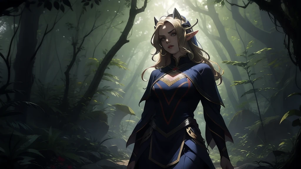 "Elf with a captivating look, unearthly beauty, flowing golden hair, pointed ears, dressed in elaborate elven attire, surrounded by a mystical forest, soft sunlight, breaking through lush greenery."