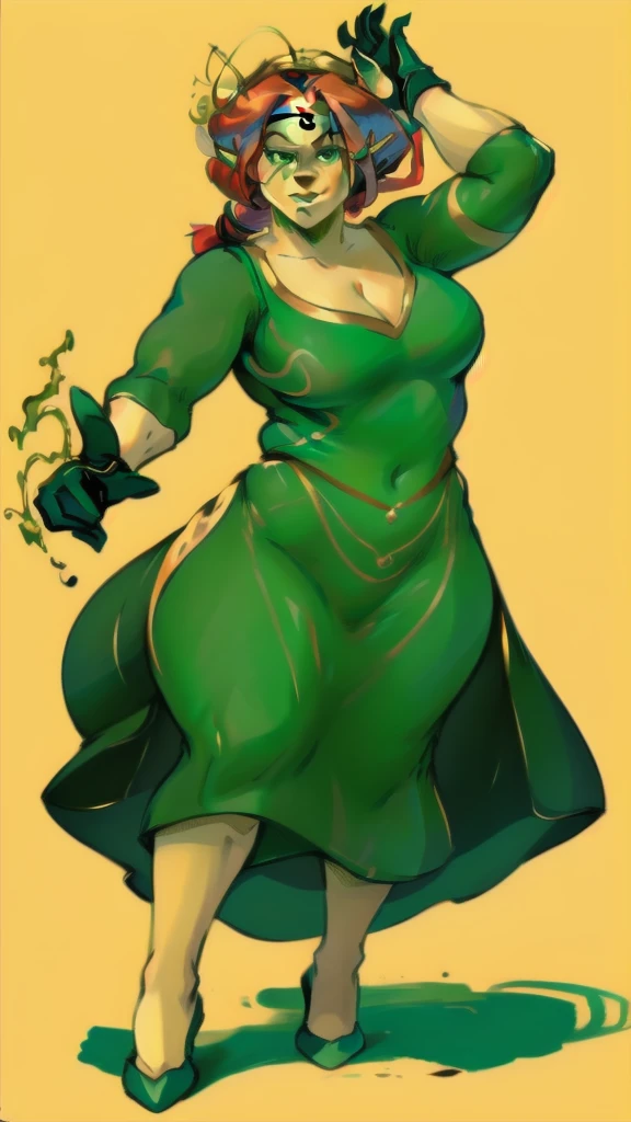 Full body image of Fiona from Shrek, full body in image, wearing her original outfit (green medieval dress with gold accents and a headband), long red hair tied back, female body, curvy and athletic body, dynamic pose, detailed pose, simple background, expressive face showing determination, focus on face, line art, sketch