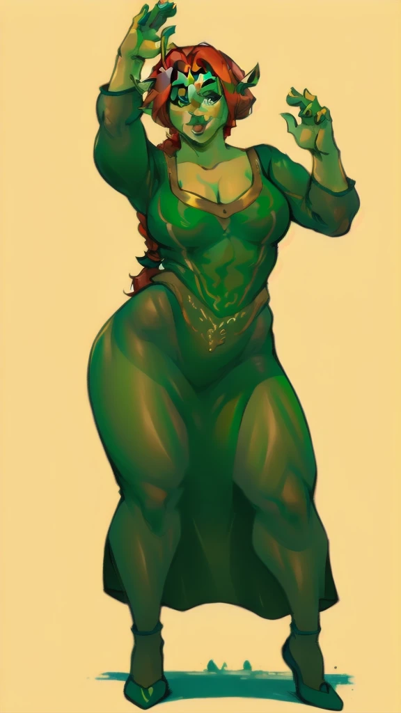 Full body image of Ogre Fiona from Shrek, full body in image, wearing her original outfit (green medieval dress with gold accents and a headband), long red hair tied back, female ogre body, curvy and strong body, dynamic pose, detailed pose, simple background, expressive face showing determination, focus on face, line art, sketch