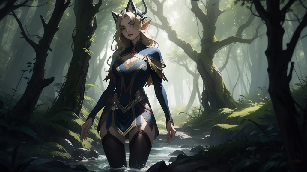 "Elf with a captivating look, unearthly beauty, flowing golden hair, pointed ears, dressed in elaborate elven attire, surrounded by a mystical forest, soft sunlight, breaking through lush greenery."