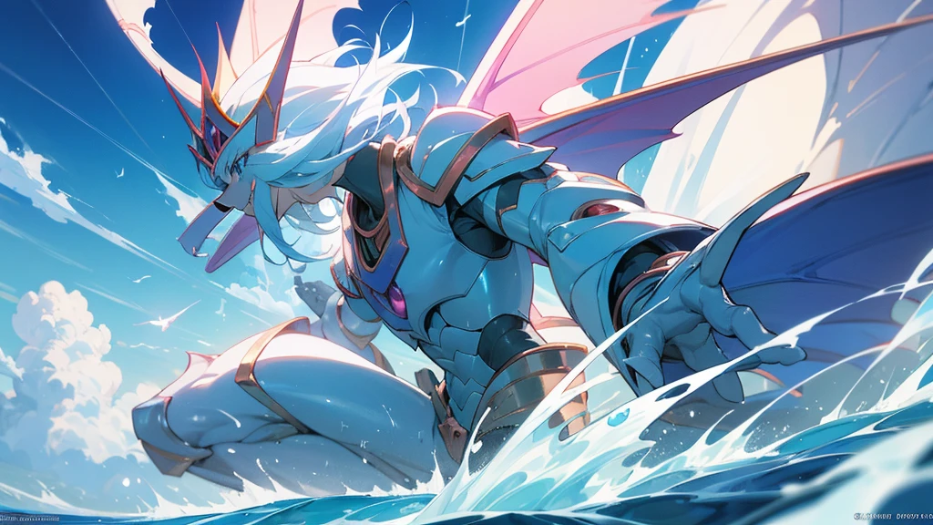 facing toward camera，Blue-eyed White Dragonoid,yugioh art style，Legendary Dragon,Crystal Dragon，yugioh card，water color reflected armor。ocean sea in background, clouds in the sky, smirking, muscular, male, dragon wings, humanoid