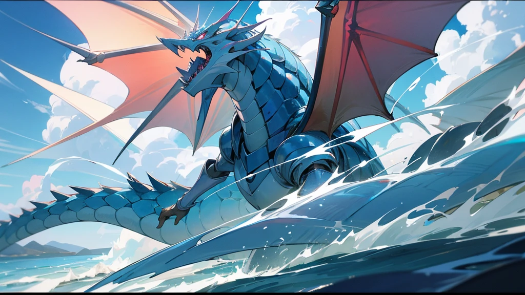 facing toward camera，Blue-eyed White Dragonoid,yugioh art style，Legendary Dragon,Crystal Dragon，yugioh card，water color reflected armor。ocean sea in background, clouds in the sky, smirking, muscular, male, dragon wings, humanoid