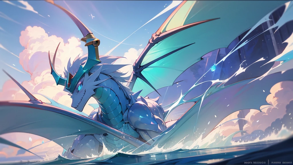 facing toward camera,Blue-eyed White Dragonoid,yugioh art style,Legendary Dragon,Crystal Dragon,yugioh card,water color reflected armor。ocean sea in background, clouds in the sky, smirking, muscular, male, dragon wings, humanoid