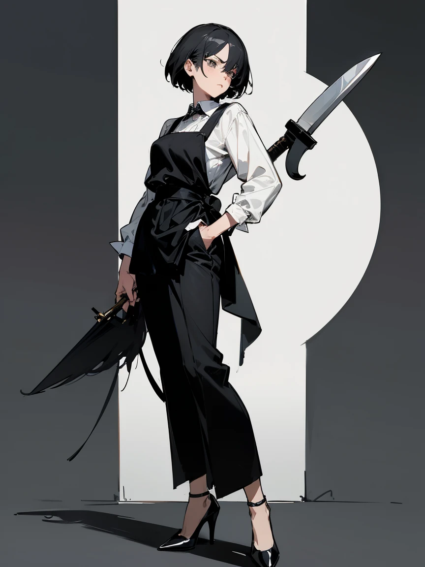masterpiece, (character design of a butcher mature woman), lineart, semi-realistic anime art style, black and white, (fancy appearance), simple clothing:1.2, ((black shirt, velvet trousers, high heels)), large leather apron, wielding meat cleaver, (standing tall in welcoming pose), portrait format, UHD, high detail, intricate lines, smooth shading, elegant yet practical, confident demeanor, strong yet graceful