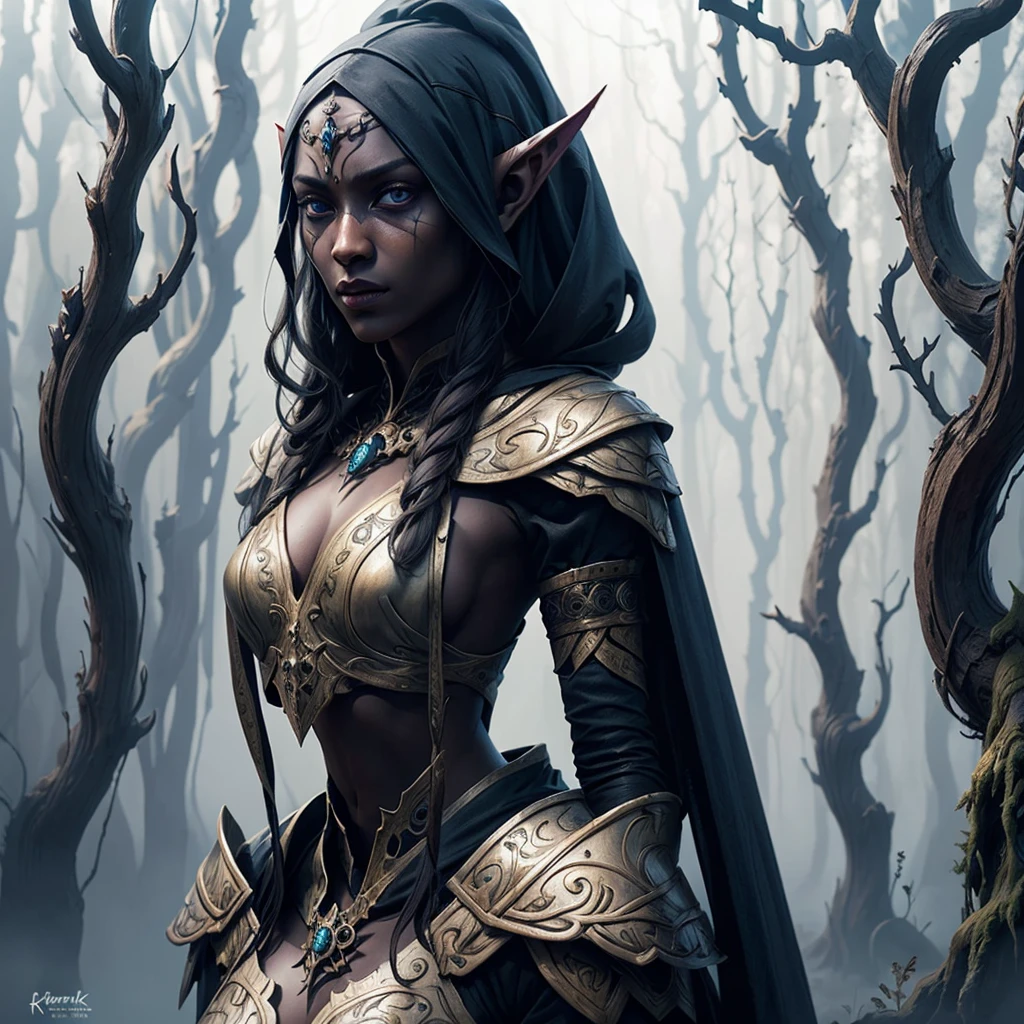 a beautiful detailed drow elf girl in a misty forest, fireflies, Jim Lee style, 8k, high quality, photorealistic, hyper detailed, dramatic lighting, vibrant colors, intricate details, fantasy art