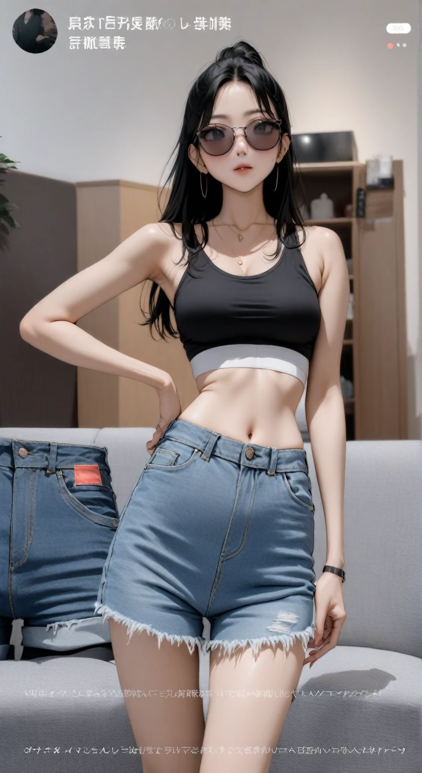 arafed asian woman in a black top and denim skirt, photo of slim girl model, wearing a sexy cropped top, wearing a cropped black tank top, wearing a black cropped tank top, thin-waist, thin waist, 24 year old female model, wearing a cropped tops, wearing crop top, photo of slim girl, slender waist, bra and shorts streetwear