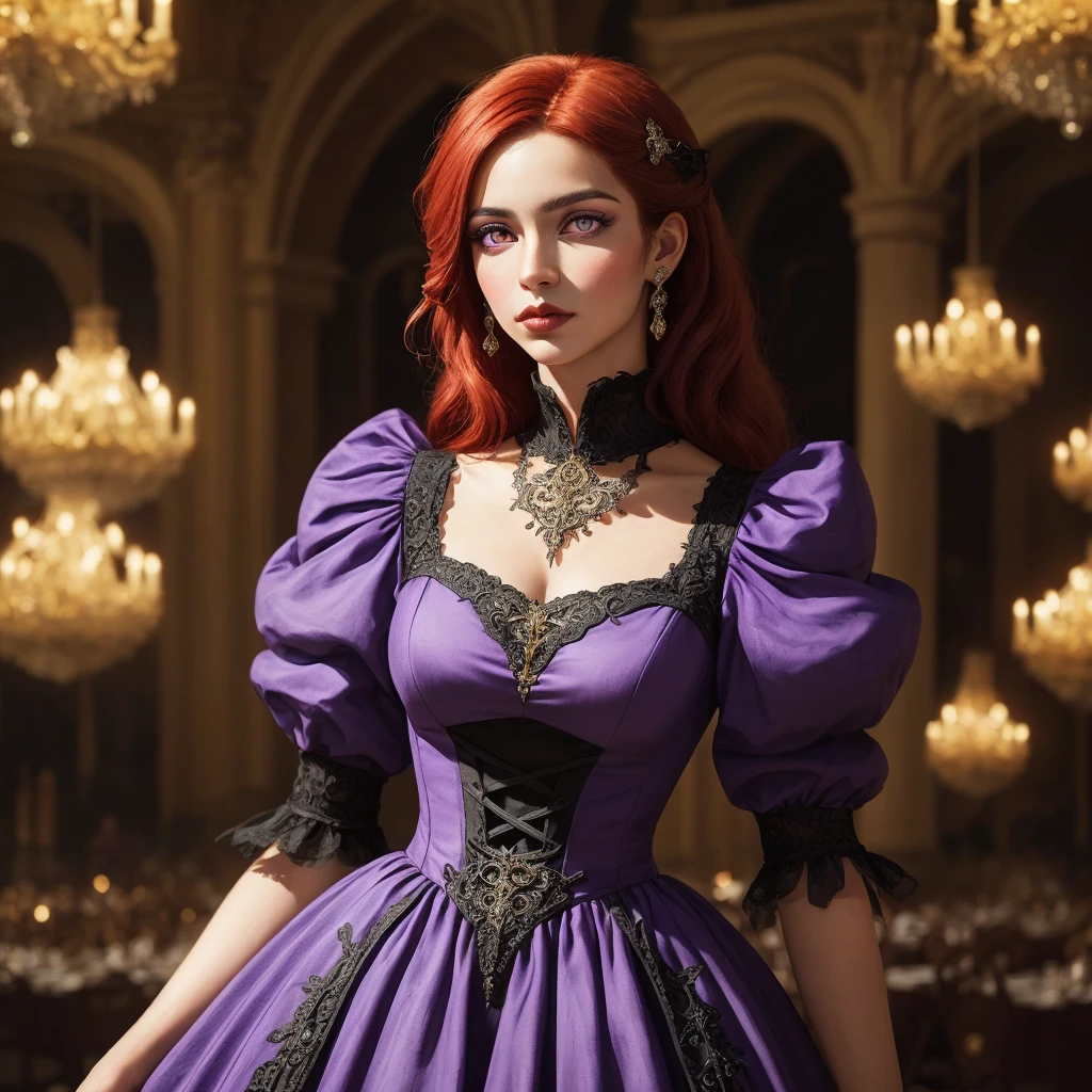 (masterpiece), (extremely intricate1.3), (realistic1.1), Portrait of a woman with the facial appearance of Brazilian singer Sandy Leah Lima at 22 years old, wearing a dress in the color of camellia flowers, with beautiful vivid red hair, styled in a slightly gothic fashion, set in a medieval ballroom. Camera angle: Medium shot, capturing her elegance and the ornate details of the ballroom, capturing the regal and mystical ambiance of the scene, (detailed face:1.2), (purple eyes:1.2)