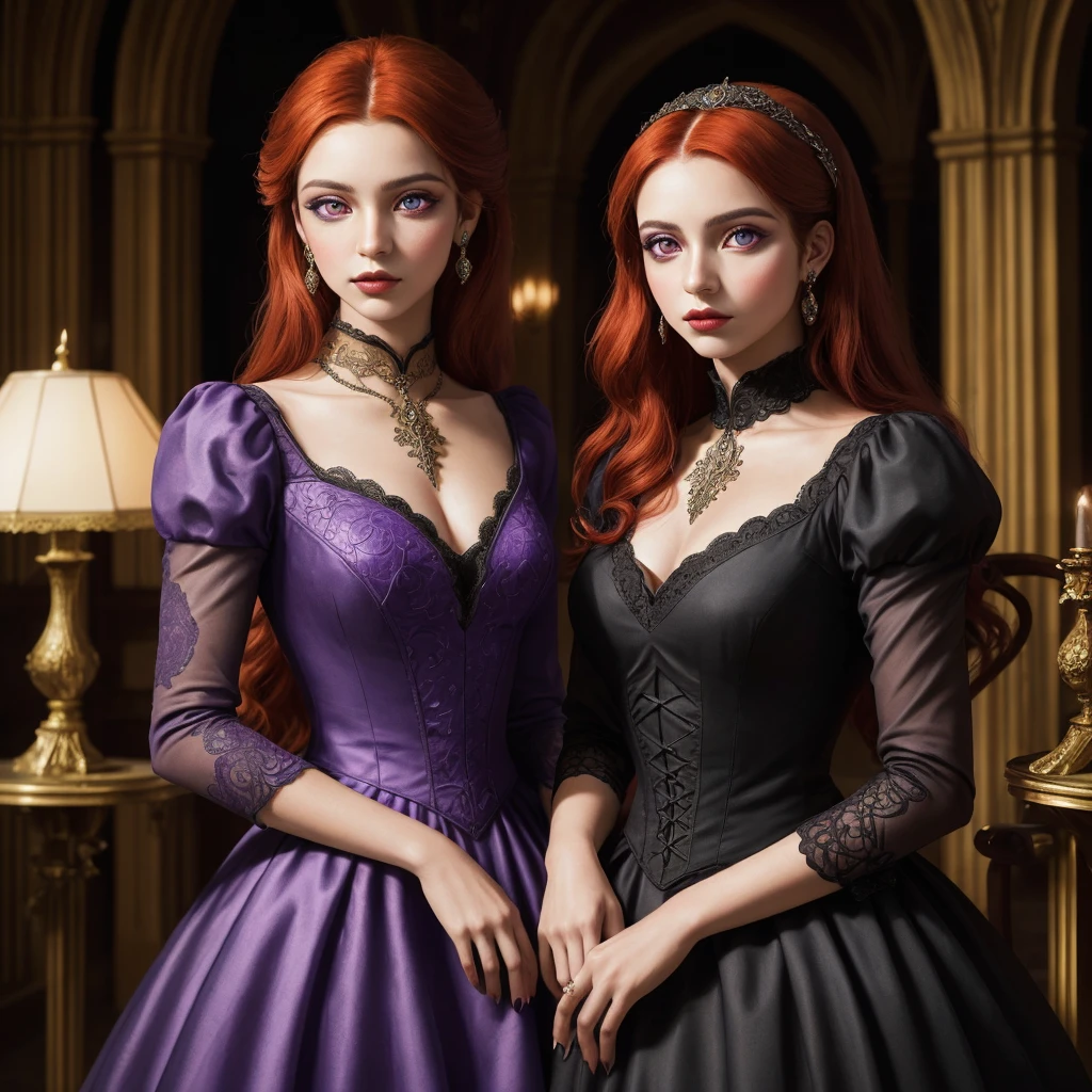 (masterpiece), (extremely intricate1.3), (realistic1.1), Portrait of a woman with the facial appearance of Brazilian singer Sandy Leah Lima at 22 years old, wearing a dress in the color of camellia flowers, with beautiful vivid red hair, styled in a slightly gothic fashion, set in a medieval ballroom. Camera angle: Medium shot, capturing her elegance and the ornate details of the ballroom, capturing the regal and mystical ambiance of the scene, (detailed face:1.2), (purple eyes:1.2)