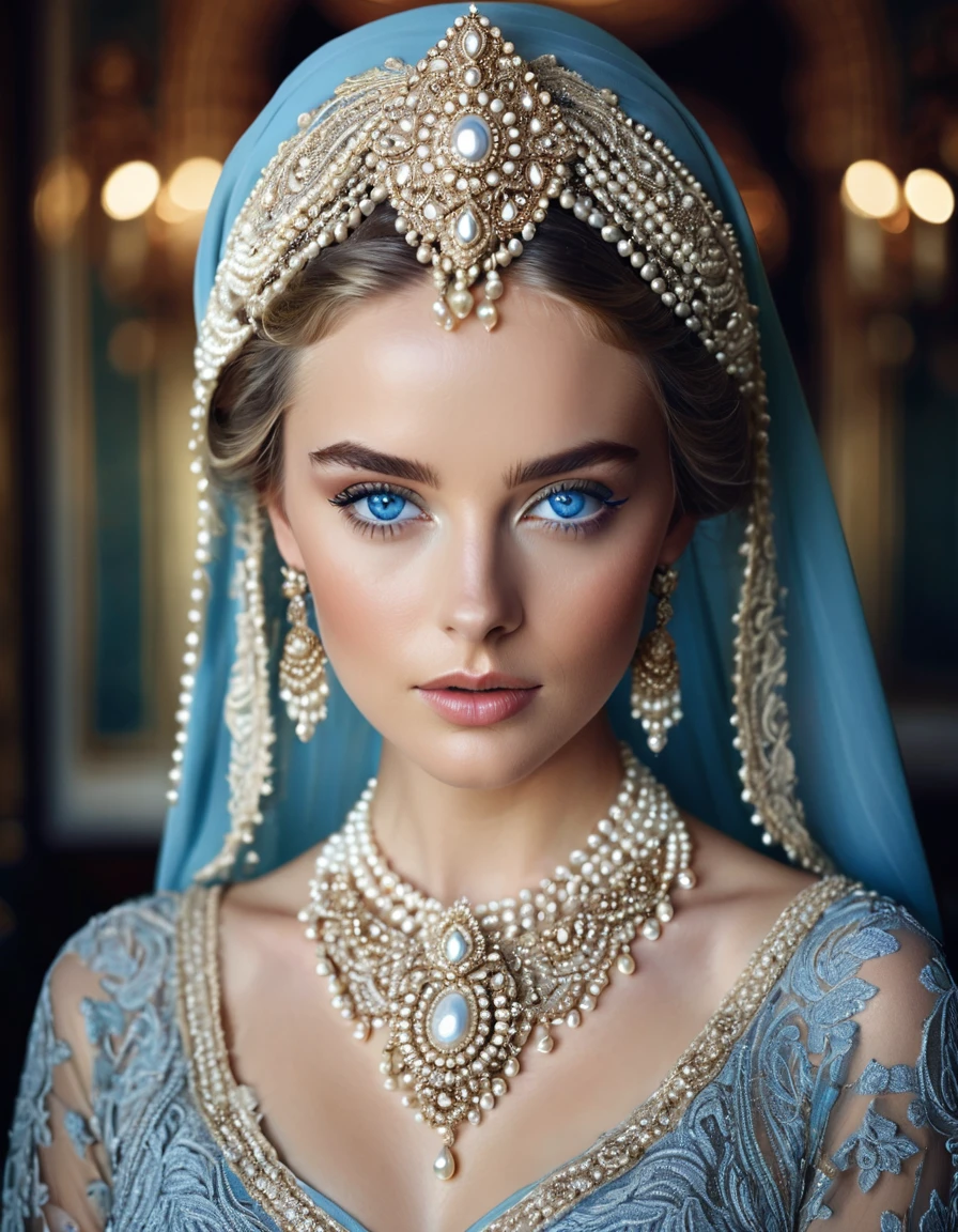 A woman with striking blue eyes and flawless skin looks directly at the camera with an intense gaze. She is adorned with an elaborate headpiece, featuring intricate lacework and strands of pearls that frame her face beautifully. Her attire includes a luxurious, silky headscarf draped elegantly around her head and shoulders. The pearls continue down her neck, creating an opulent and regal appearance. The soft, blurred background further emphasizes her commanding and majestic presence.