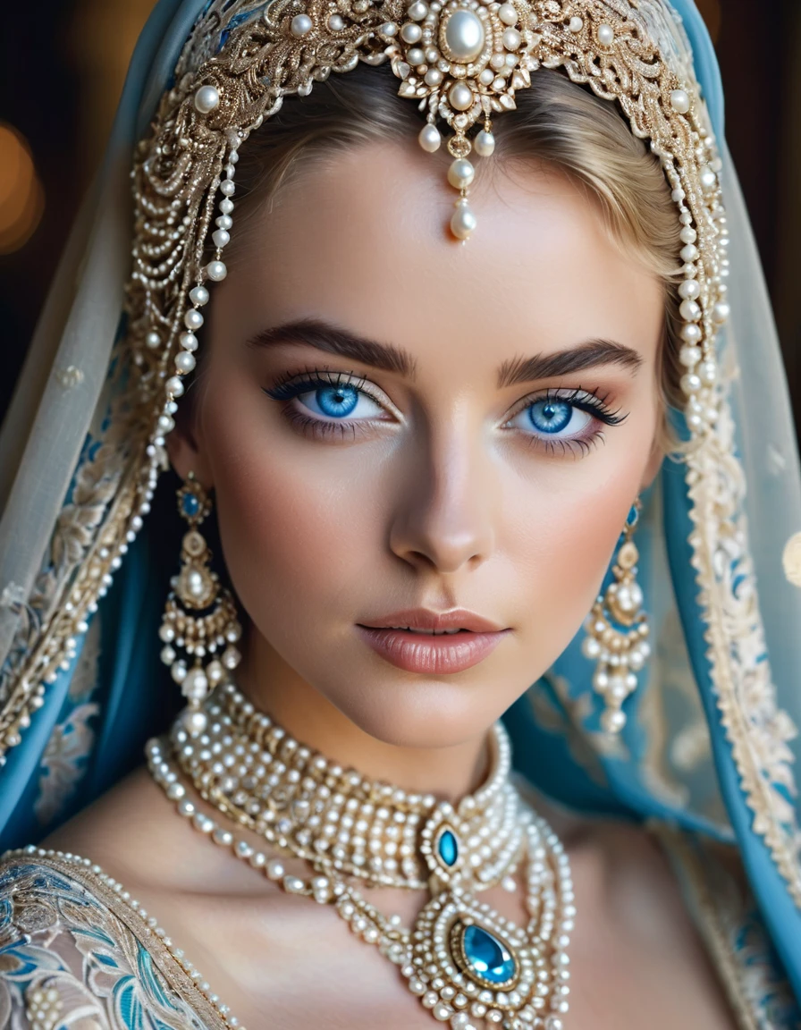A woman with striking blue eyes and flawless skin looks directly at the camera with an intense gaze. She is adorned with an elaborate headpiece, featuring intricate lacework and strands of pearls that frame her face beautifully. Her attire includes a luxurious, silky headscarf draped elegantly around her head and shoulders. The pearls continue down her neck, creating an opulent and regal appearance. The soft, blurred background further emphasizes her commanding and majestic presence.