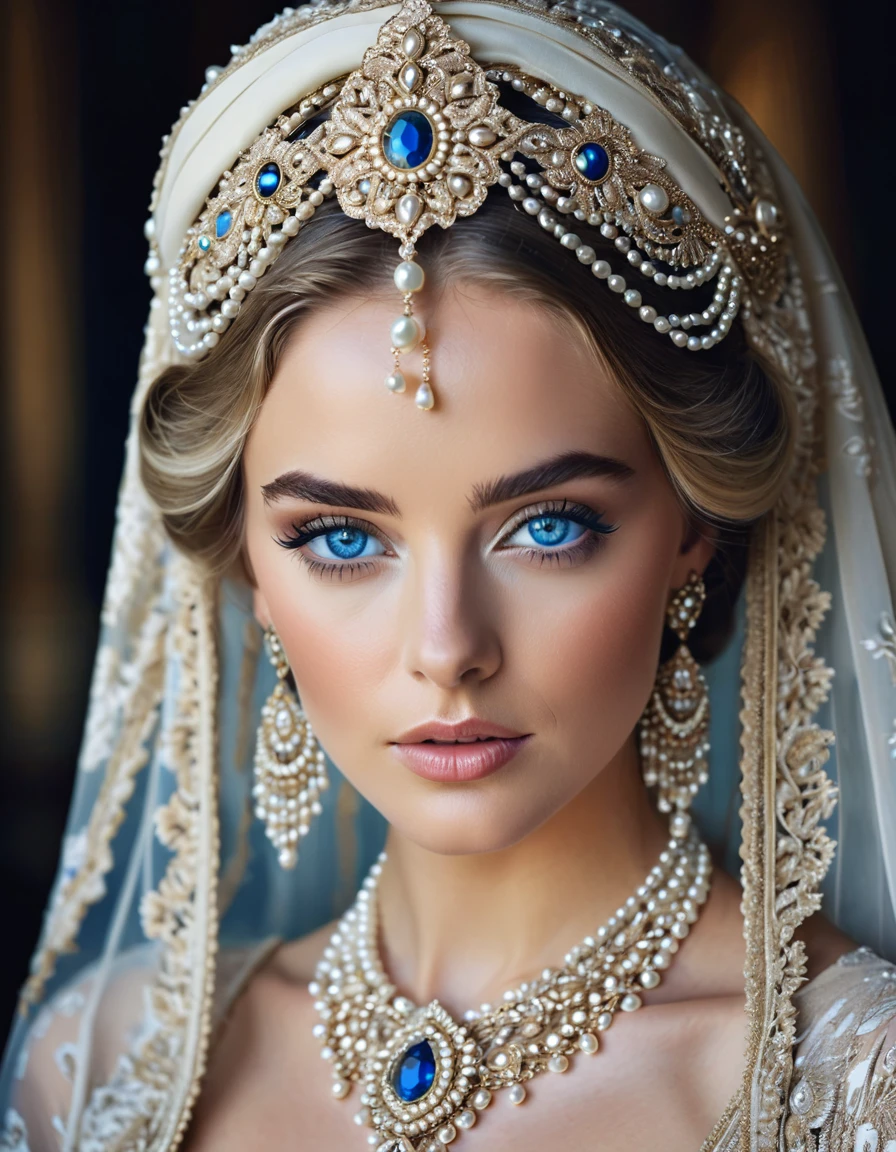 A woman with striking blue eyes and flawless skin looks directly at the camera with an intense gaze. She is adorned with an elaborate headpiece, featuring intricate lacework and strands of pearls that frame her face beautifully. Her attire includes a luxurious, silky headscarf draped elegantly around her head and shoulders. The pearls continue down her neck, creating an opulent and regal appearance. The soft, blurred background further emphasizes her commanding and majestic presence.