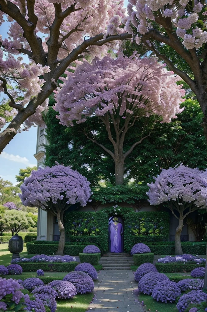purple flowers on a tree in front of a house, huge blossoms, purple flower trees, beautiful large flowers, incredibly beautiful, breath - taking beautiful trees, breath-taking beautiful trees, heavily ornamental, deity of hydrangeas, huge flowers, a beautiful tree, exotic trees, beautiful masterpiece, large exotic flowers, extremely intricate, blue and purple plants, beautiful image