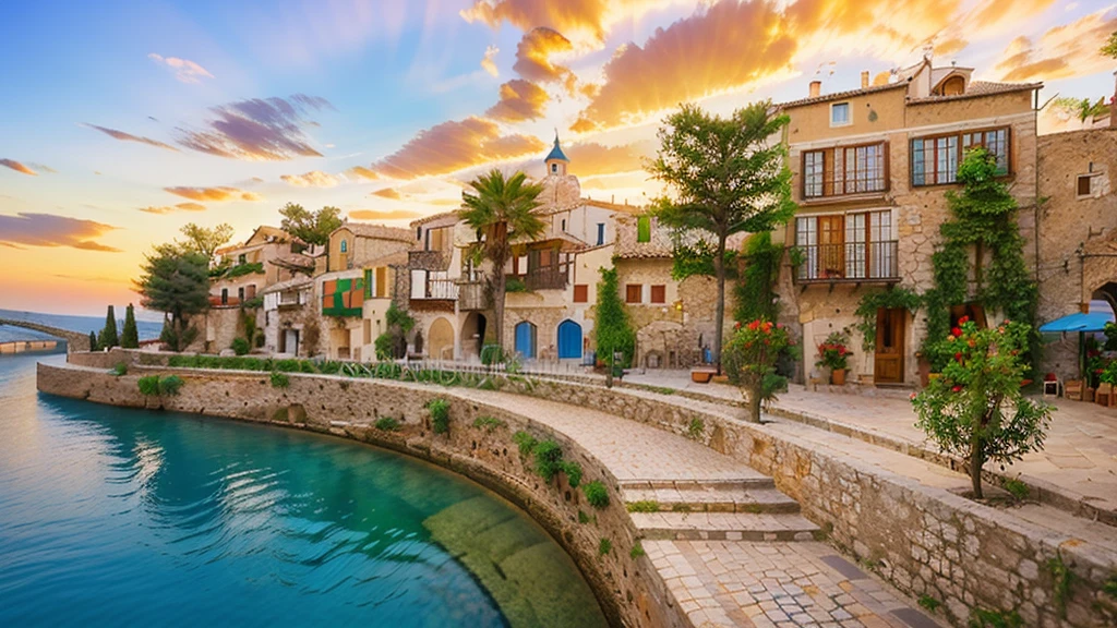 there is a narrow alley with tables and chairs in the middle, italian mediterranean city, bizzaro, narrow and winding cozy streets, mediterranean architecture, baroque winding cobbled streets, shutterstock, narrow street, spanish ghibli alleyway, spanish alleyway, narrow streets, italy, old town, ancient mediterranean village, quaint village, beautiful image, mediterranean city