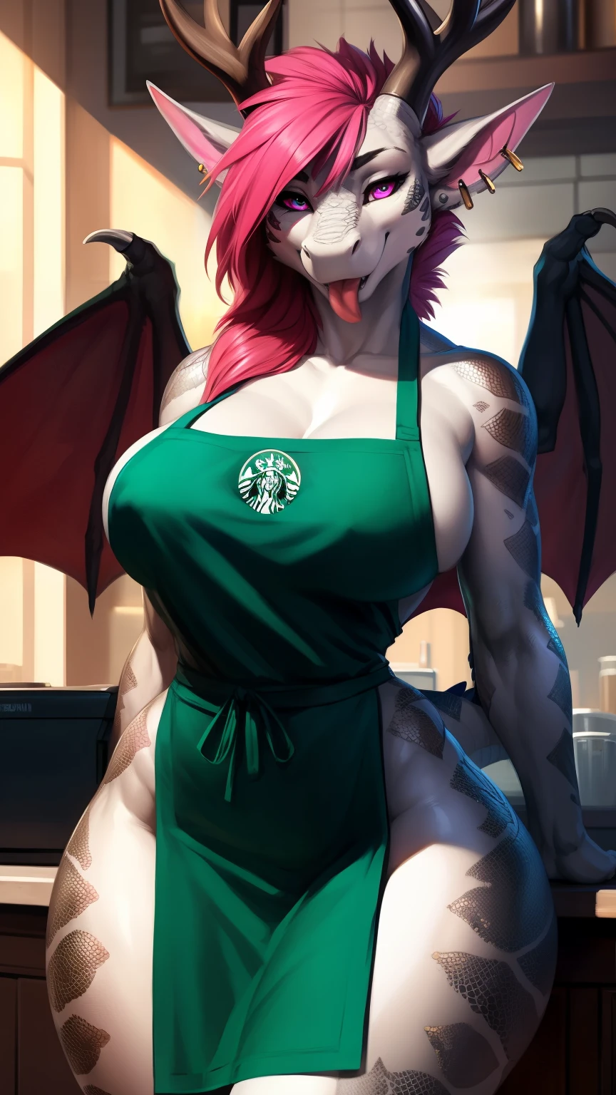 (anthro)) dragon, Ross Tran, by ruan jia, by zaush, by foxovh, by cutesexyrobutts, by cervina_7, by sligarthetiger, Best Quality, masterpiece,, Illustration, Wallpaper,1girl in, Solo, red/pink hair, crystal texture hair, long mohawk on one side haircut, the end tips of hair are gold, piercings 3 in 2 row down her snoot, multipule golden ear piercings , sticking tongue out, tongue piercing, glowing pink eyes, scales, scaled skin, snake skin, white skin with some lightly bright red parts, dragon tail, dragon wings, multiple dragon horns/antlers, long pointy ears, Beautiful detailed girl, extremely detailed eye and face, black dragon tattoo on her arm, Beautiful detailed eyes, natural_Lighting, Looking at Viewer, Thick_thighs, big ass, tall, hourglass figure, female, cute, Starbuck, casher, barista, Starbucks apron, large breasts, natural breasts, tail, tall, happy expresion, wide hips thin waist, 8k