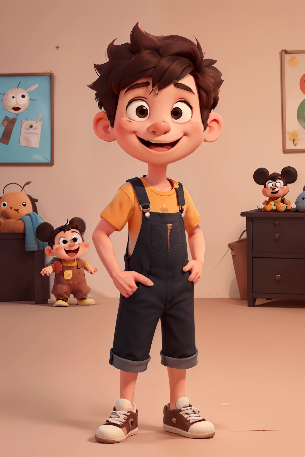 drawing illustration, Brazilian baby, masculine, 1 year old, Caucasian skin, short-hair , eyes black, wearing brown dungarees, black sneakers, smiling, standing, eyes locked, few teeth, holding Mickey plush
