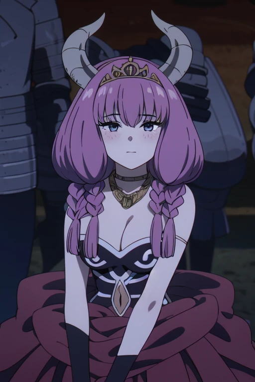 (((Best quality))), ((Ultra-detailed)), ((illustration)), ((Disheveled hair)), ((frilld)), (1 girl), (Solo), alternative costume, blush, breasts, ***, butterfly, cleavage, clothing, crown, dress, fake wings, female, flower, frilled dress, frills, full body, gloves, headwear, insect, jewelry, large breasts, long hair, necklace, red flower, red rose, rose, short dress, solo, strapless, strapless dress, tiara, white dress, white gloves, pink hair, grey eyes,Horns,
