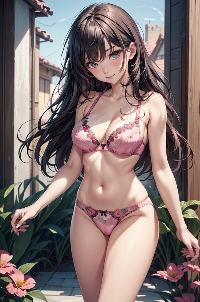 (masterpiece:1.3, Highest quality, Ultra-high resolution, Super detailed), (Realistic, photoRealistic:1.4), Beautiful illustrations, Perfect lighting, colorful, Depth of written boundary, Beautiful detailed hair, Beautifully detailed face, Beautiful fine details, Beautiful clavicle, Beautiful body, Beautiful , Beautiful thighs, Beautiful feet, Beautiful fingers, View your viewers, 1 girl, Perfect Face, (Perfect Anatomy, Anatomically correct), Cute and symmetrical face, Baby Face, , Shiny skin, (Brown Hair), Hair between the eyes, Dark green eyes, Droopy eyes, Big eyes, Long Eyelashes, (((Luxury underwear)))、(((Pink floral underwear))),(bra、Embroidery pattern)、(((pantiesdery pattern)))、(Beautiful views), Bright lighting、smile、laughing,(((semen)))、(((Thle body is visible)))