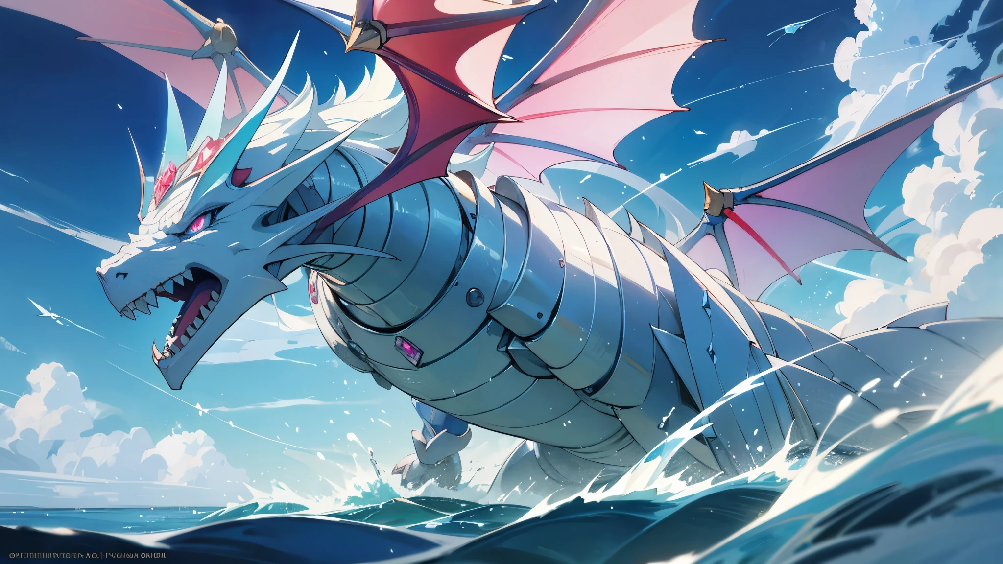 facing toward camera，Blue-eyed White Dragonoid,yugioh art style，Legendary Dragon,Crystal Dragon，yugioh card，water color reflected armor。ocean sea in background, clouds in the sky, smirking, muscular, male, dragon wings, humanoid