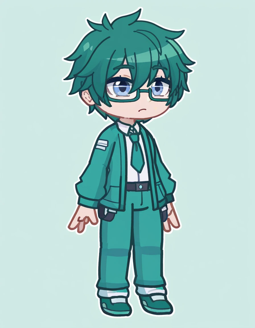 DAN, Gacha DAN, 1 man, green hair, square eyes, black-blue eyes, white shirt, green tie, green jacket, square green glasses, green pants, green shoes, pale skin, Asian appearance, Hair tip