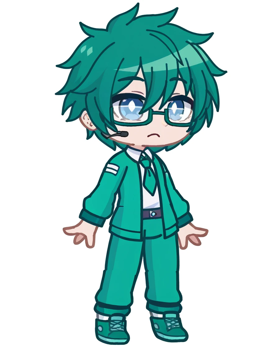 DAN, Gacha DAN, 1 man, green hair, square eyes, black-blue eyes, white shirt, green tie, green jacket, square green glasses, green pants, green shoes, pale skin, Asian appearance, Hair tip