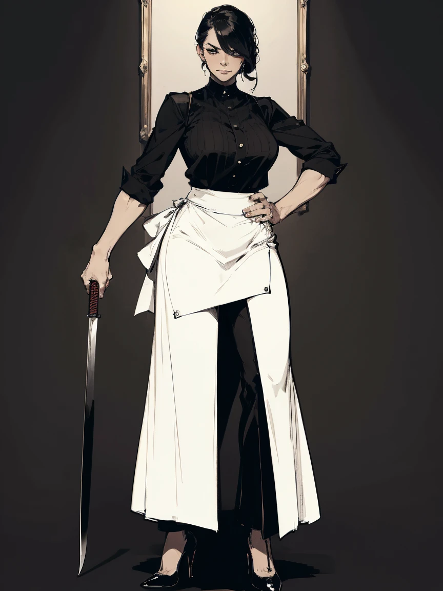 masterpiece, (character design of a butcher mature woman), lineart, semi-realistic anime art style, black and white, (fancy appearance), simple clothing:1.2, ((black shirt, velvet trousers, high heels)), large leather apron, wielding meat cleaver, (standing tall in welcoming pose), portrait format, UHD, high detail, intricate lines, smooth shading, elegant yet practical, confident demeanor, strong yet graceful