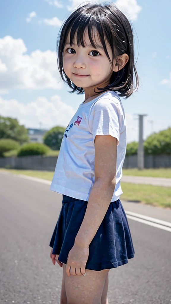 (8k),(masterpiece),(Japanese),(8-year-old girl),((innocent look)),((Childish)),From the front and above,smile,cute,Innocent,Kind eyes,Plain T-shirt,Short sleeve,Short skirt with blue check,semi-long,Hair blowing in the wind,Black Hair,Somewhat strong wind,noon,bright