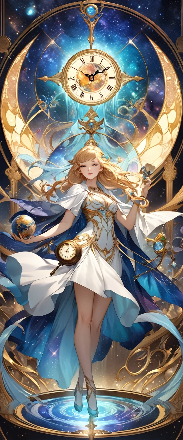 A woman in a dress holds a clock and a globe, digital art by Cynthia Sheppard, PIXIV, fantasy art, Beautiful celestial mage, anime fantasy artwork, Goddess of Heaven, Anime art nouveau universe display, Time Goddess, Anime Fantasy Illustrations, Detailed key animation art, Beautiful fantasy anime, Shadowverse Style, galaxy goddess