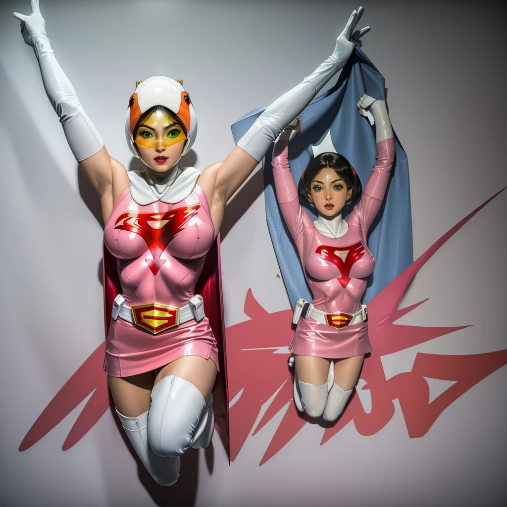 ANI_CLASSIC_jun_gatchaman_ownwaifu,1girl, 15 years old,good anatomy, masterpiece, best quality,realistic, hyperrealistic, 16k hdr,breasts,green eyes,lips,large breasts,lipstick,makeup,gloves,cape,helmet,belt,elbow gloves,white gloves,mask,ultra miniskirt,leotard,spacesuit,white tight overknee highheels boots,pink dress,superhero,bodysuit,cleavage,erected nipples,((jumping poses,arms up straight)),cameltoe