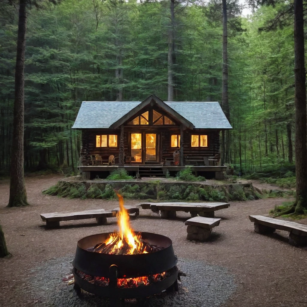 a wooden cabin with a fire pit in the middle of a forest, a brick cabin in the woods, cottage in the woods, cabin in the woods, log cabin, by Jason Benjamin, cottagecore, wood cabin in distance, cottage in the forest, cozy place, idyllic cottage, by Drew Tucker, by Morgan Russell, in a cabin