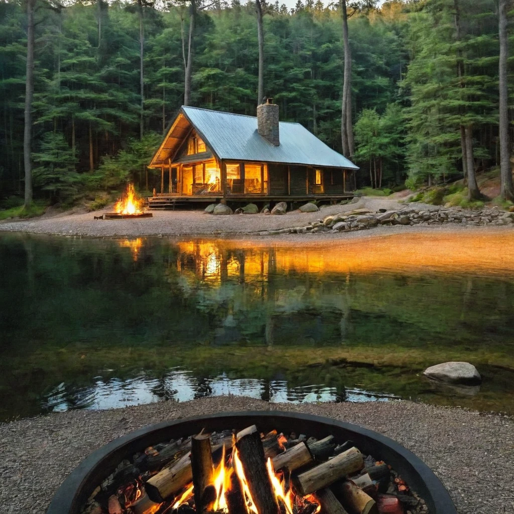 a wooden cabin with a fire pit in the middle of a forest, a brick cabin in the woods, cottage in the woods, cabin in the woods, log cabin, by Jason Benjamin, cottagecore, wood cabin in distance, cottage in the forest, cozy place, idyllic cottage, by Drew Tucker, by Morgan Russell, in a cabin