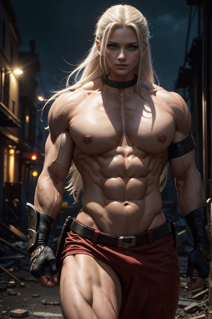 A determined and ambitious bodybuilder warrior, pretty face, serious face, white hair, red eyes, perfect body, fit body, abdomen, big breasts, muscular, who fights to become the strongest,super high resolution, best quality, photo, 8k, (photorealistic: 1.2), cinematic lighting, abdominal muscles, masculine, dark, masterpiece, best quality, intricate details, night time, damaged city thats on fire, 3D light, HD, detailed face, depth of field, soft lighting, tone mapped, highly detailed, concept art, smooth, sharp focus, dramatic lighting, highly detailed art, cinematic, 8K, amazing shadows (highly detailed background: 1.2), super hero, long dark messy hair, shirtless, bulletproof, bullets rickashaying off him, hairy, super stong, bullets flying, ready to fight, fighting pose, glowing blue lights on his wrist bans, outside, rickasha, yellow glowing eyes, time traveler,Beautiful viking woman, red hair extremely sexy clothes, muscular body, large breasts