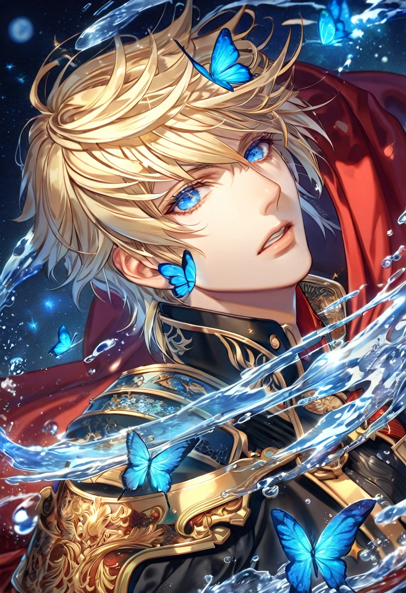 absurdres, highres, ultra detailed, HDR, master piece, best quality, extremely detailed, Ace, blonde hair, expressive blue eyes, Final Fantasy Type 0, solo, sexy man, handsome, black uniform, red cape, fantasy, water, sparkling, blue glittering fireflies, blue moon, blue flowers, blue butterflies, starry sky