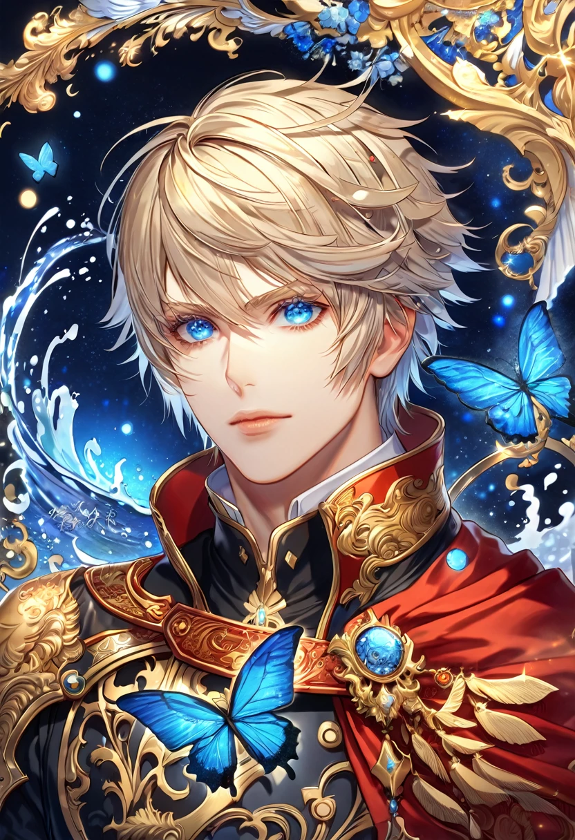 absurdres, highres, ultra detailed, HDR, master piece, best quality, extremely detailed, Ace, blonde hair, expressive blue eyes, Final Fantasy Type 0, solo, sexy man, handsome, black uniform, red cape, fantasy, water, sparkling, blue glittering fireflies, blue moon, blue flowers, blue butterflies, starry sky