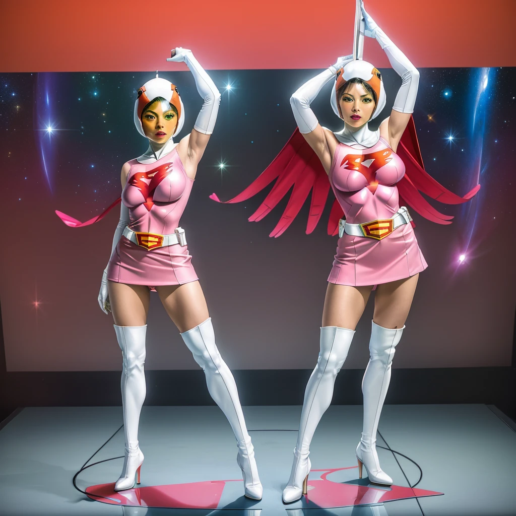 ANI_CLASSIC_jun_gatchaman_ownwaifu,1girl, 15 years old,good anatomy, masterpiece, best quality,realistic, hyperrealistic, 16k hdr,breasts,green eyes,lips,large breasts,lipstick,makeup,gloves,cape,helmet,belt,elbow gloves,white gloves,mask,ultra miniskirt,leotard,spacesuit,white tight overknee highheels boots,pink dress,superhero,bodysuit,cleavage,erected nipples,((standing pose,spread legs, arms up straight)),cameltoe