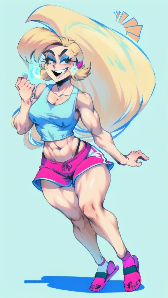 Full body image of Loud from The Loud House, full body in image, wearing her original outfit (light blue tank top, beige shorts, and light blue flip-flops), long blonde hair, female body, slender and athletic body, dynamic pose, detailed pose, simple background, expressive face showing a confident smile, focus on face, line art, sketch
