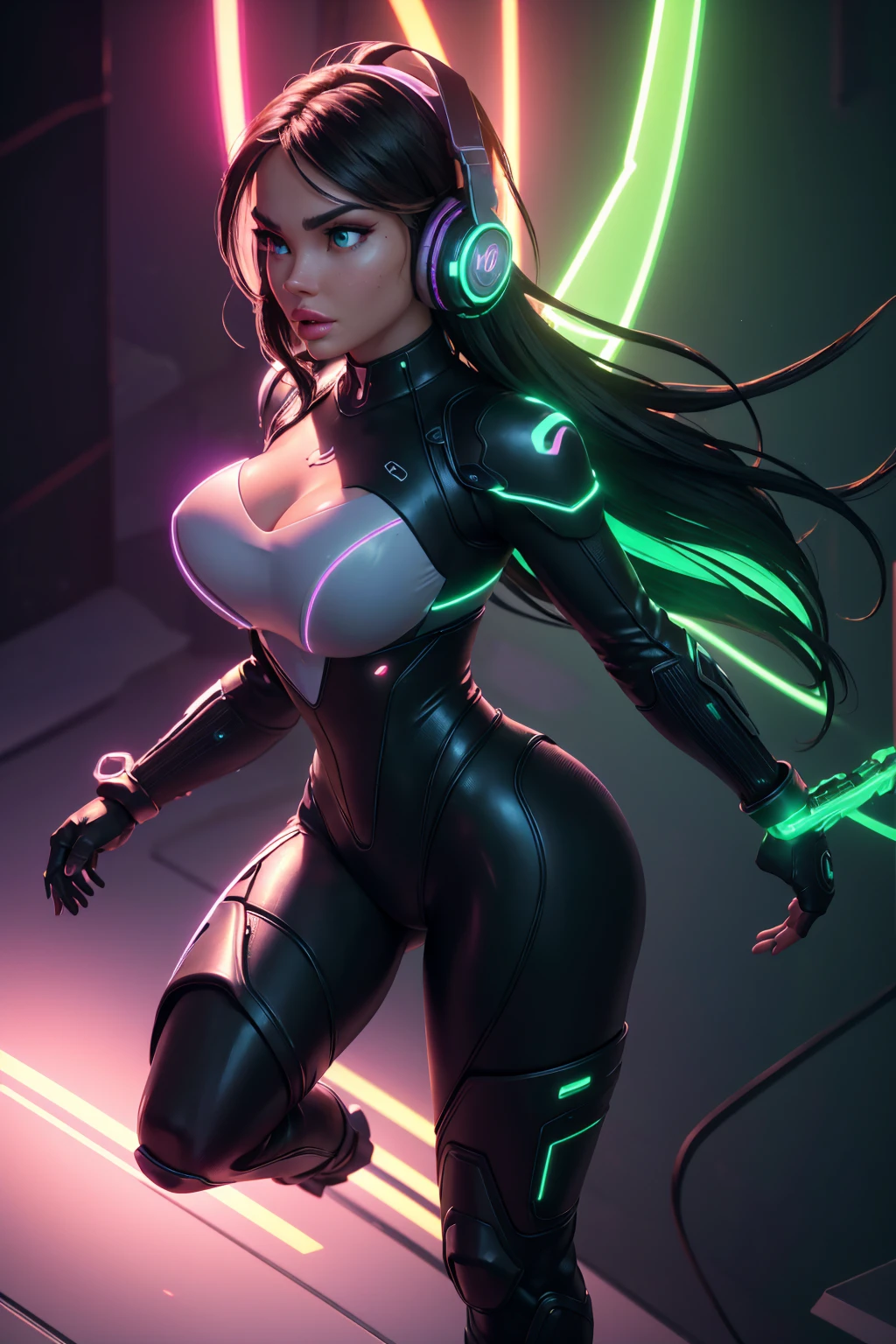 a Valkyrie woman in a futuristic tech bodysuit, neon tech armor, gloves, boots, and headphones, dynamic full body pose, detailed face and eyes, photorealistic, 8k, (best quality,4k,8k,highres,masterpiece:1.2),ultra-detailed,(realistic,photorealistic,photo-realistic:1.37),dynamic action pose,cleavage,highly detailed mechanical armor,intricate futuristic technology,cinematic lighting,vibrant neon colors,dramatic shadows,glowing tech details