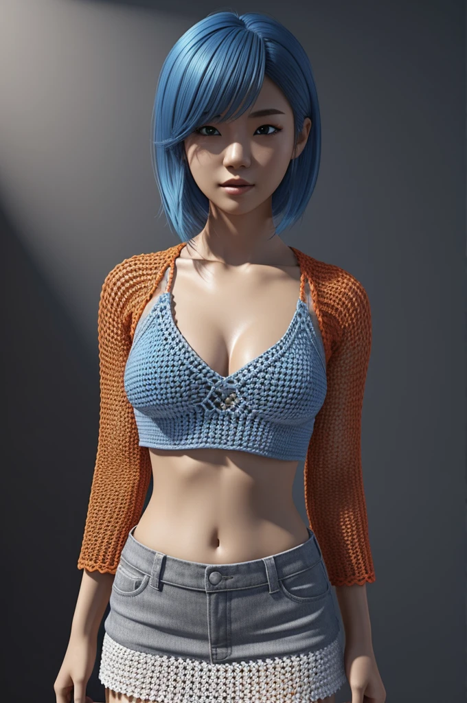 korean girl with blue hair, orange and red crochet crop top, crotchet skirt , light, virtual reality, posing, photoshoot posing, magazine, accessories,outfit high fashion model, shooting magazine, photoshoot, shooting, Procreate, realistic, concept summer idol illustration, character portrait, style paintbush , paintbush digital art, 3D rendering, 3D digital, 3D CG, realism, 3D modeling, surreal. grey background