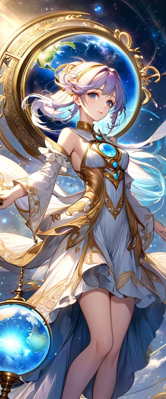 A woman in a dress holds a clock and a globe, digital art by Cynthia Sheppard, PIXIV, fantasy art, Beautiful celestial mage, anime fantasy artwork, Goddess of Heaven, Anime art nouveau universe display, Time Goddess, Anime Fantasy Illustrations, Detailed key animation art, Beautiful fantasy anime, Shadowverse Style, galaxy goddess