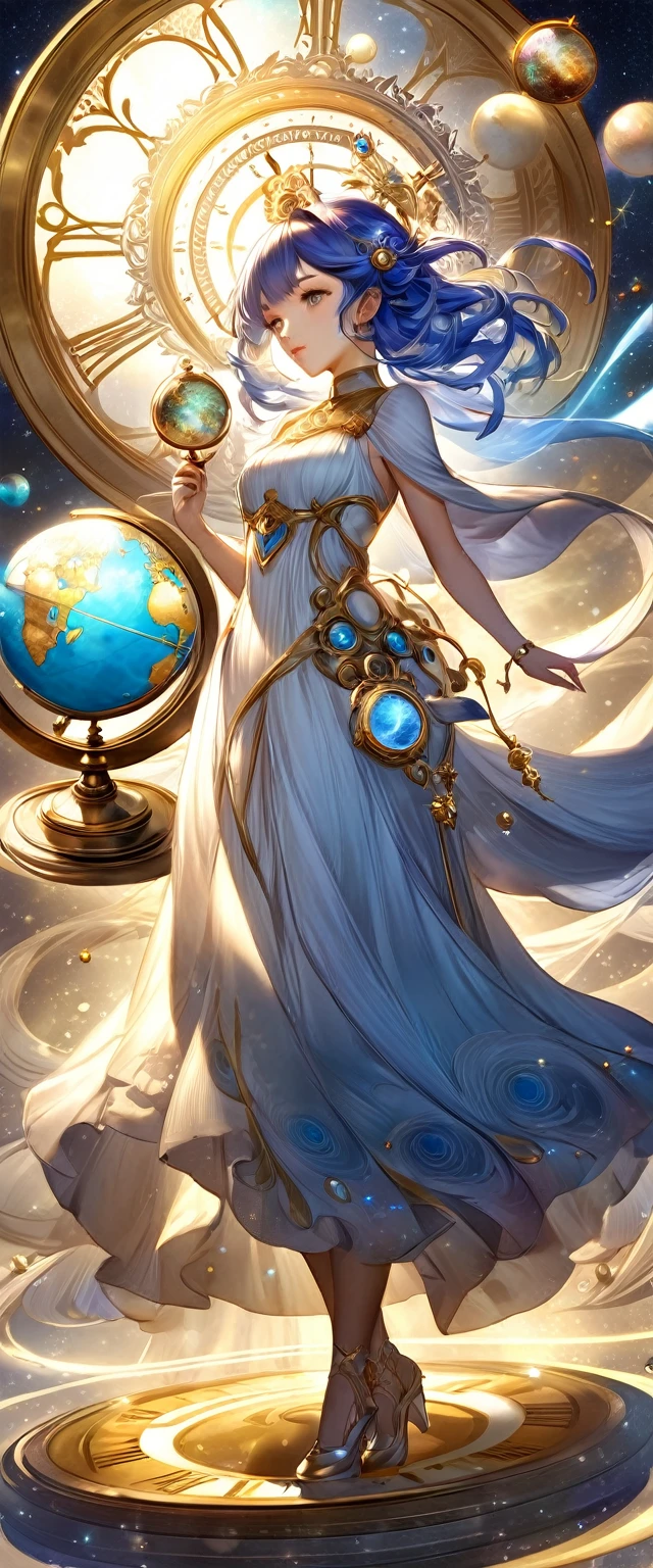 A woman in a dress holds a clock and a globe, digital art by Cynthia Sheppard, PIXIV, fantasy art, Beautiful celestial mage, anime fantasy artwork, Goddess of Heaven, Anime art nouveau universe display, Time Goddess, Anime Fantasy Illustrations, Detailed key animation art, Beautiful fantasy anime, Shadowverse Style, galaxy goddess