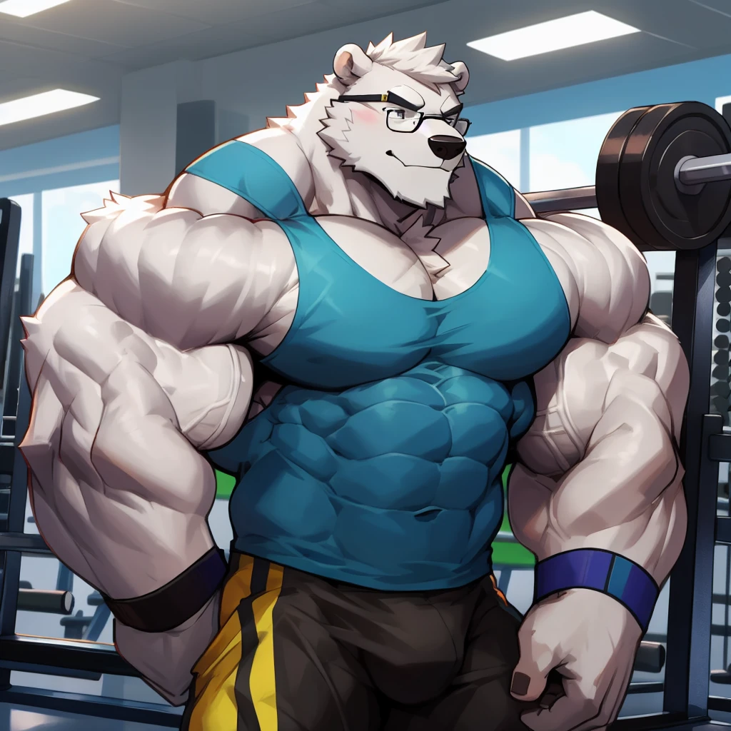 solo, 1boy, Huge Muscular White Polar Bear wearing glasses, huge white fur, pectoral, huge pectoral, wide pectoral, short white hair, blue colored short pants, blue colored wristbands and blue colored tank top, white bearded, white Mustache, white fur, black eyebrows, gym fitness center background, masterpiece, high detailed, 8k, high resolution, at the gym, iron pumping his muscles,