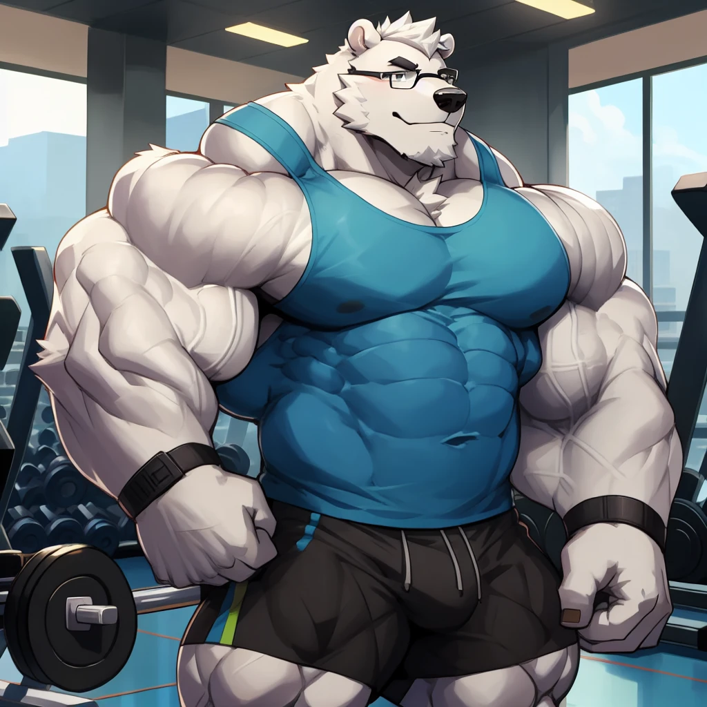 solo, 1boy, Huge Muscular White Polar Bear wearing glasses, huge white fur, pectoral, huge pectoral, wide pectoral, short white hair, blue colored short pants, blue colored wristbands and blue colored tank top, white bearded, white Mustache, white fur, black eyebrows, gym fitness center background, masterpiece, high detailed, 8k, high resolution, at the gym, iron pumping his muscles,