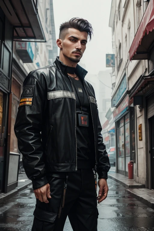 East European man, Ethnically East European, proustite, cyberpunk, street worker, safe for work picture, revealing clothing,