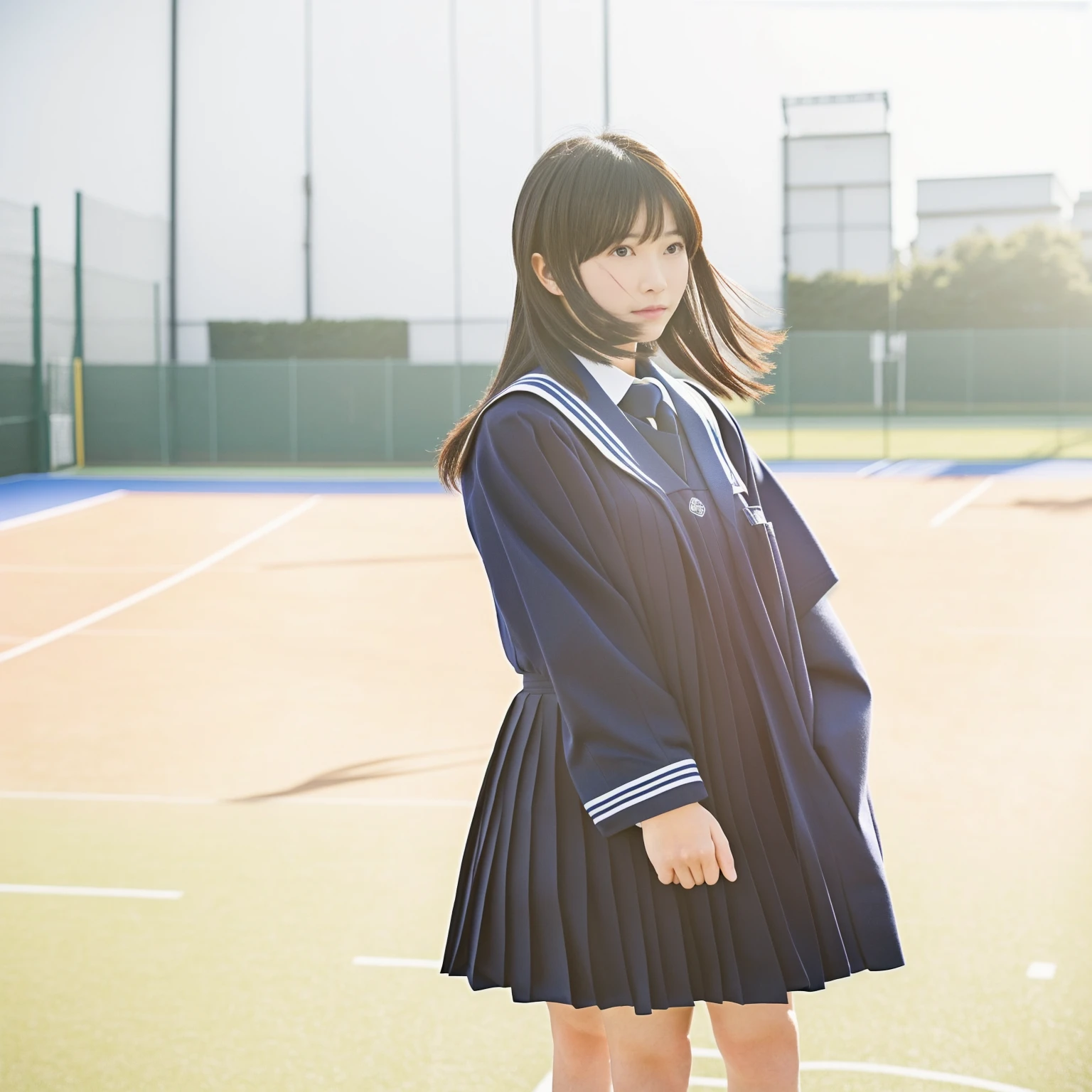 there is a woman in a uniform standing on a tennis court, close up iwakura lain, seifuku, japanese girl , japanese , iwakura lain, wearing japanese , kimi takemura, loose coat collar sailor uniform, by Maeda Masao, chiho, girl wearing uniform, by Torii Kiyomoto