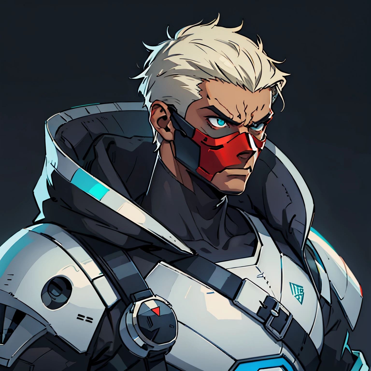 Criminal, short hair, slim, futuristic protection mask, (angry) (simple background), plano medio