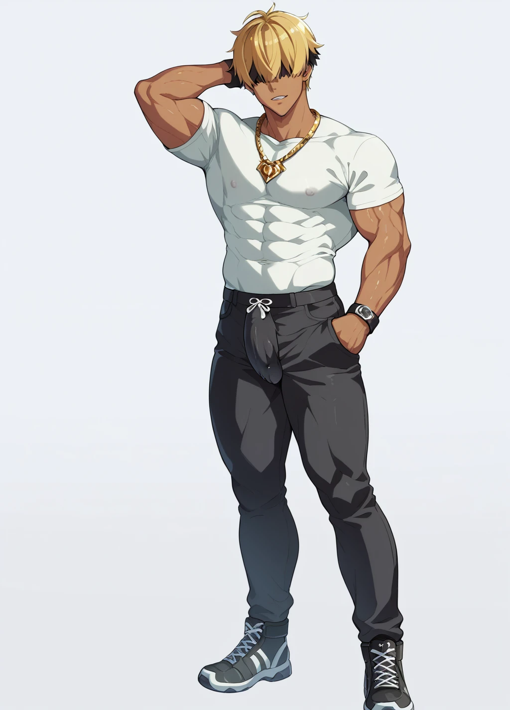 Blonde、Detailed illustrations、Ultra-precise expression、masterpiece、Highest quality、ultra High resolution、High resolution、Hiromitsu Takeda Style、White background、Simple Background、stand、whole body、ung man、Brown Skin、hair over eyes、solo、Bad look、Black Hair、Muscular、stand、White clothes、Black pants、Gold Necklace、Black shoes、Red mark on the back of the right hand、One arm behind head、((Extra thick penis、Huge penis))、erection、
