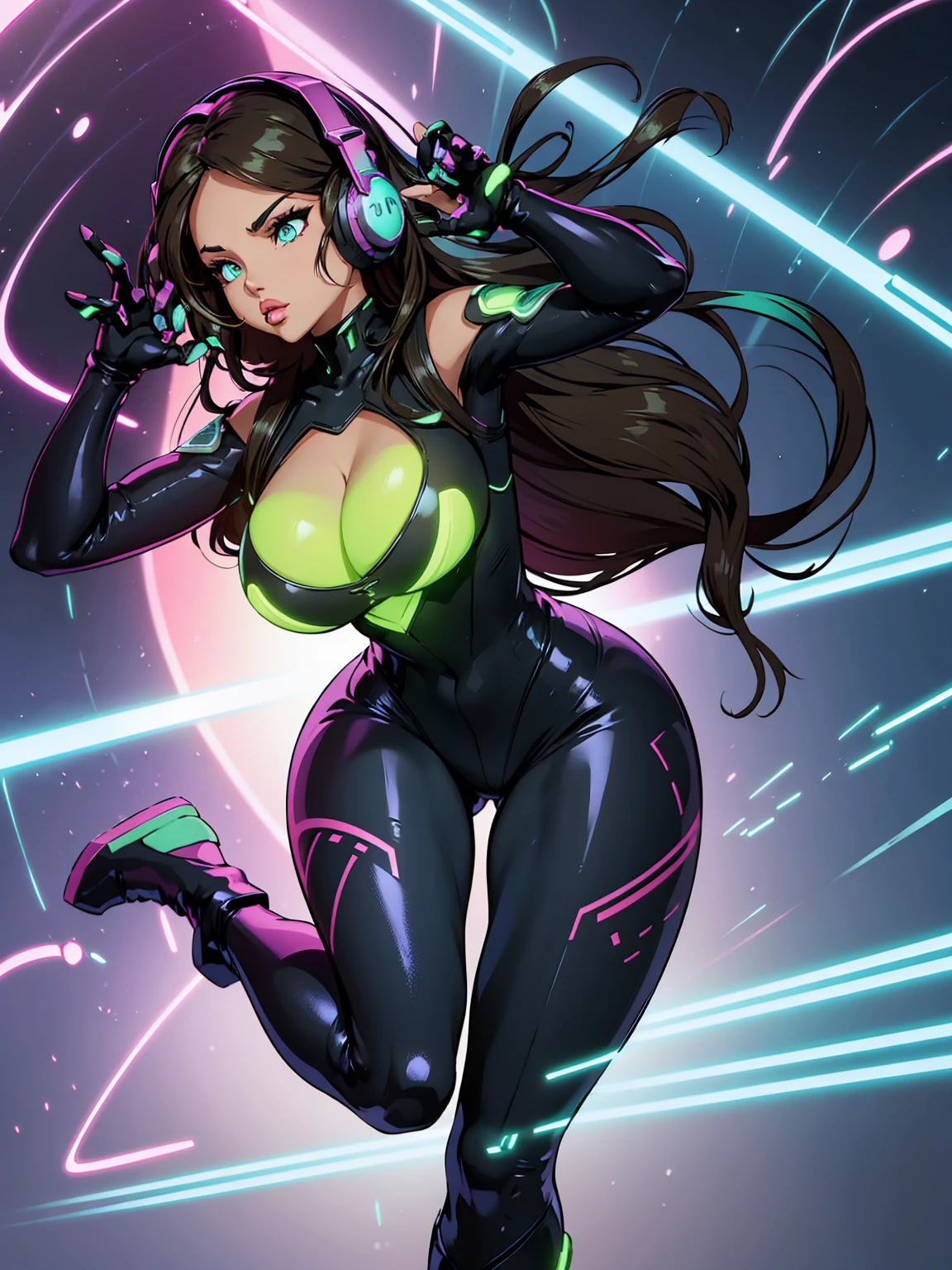 future, neon, tech Valkyrie, technology bodysuit,tech boots, tech gloves, tech headphones, cleavage, fullbody dynamic sexy pose, Tech futuristic armor.
