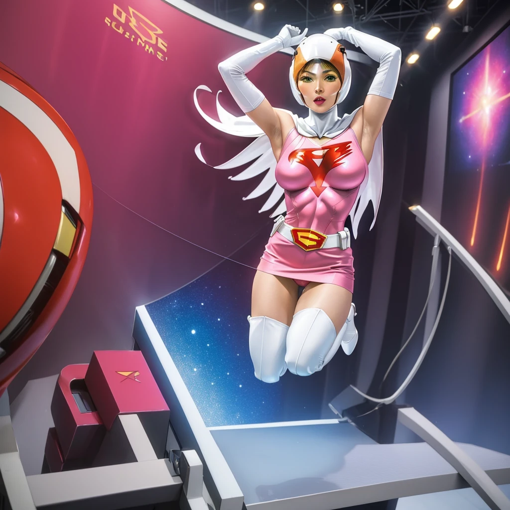 ANI_CLASSIC_jun_gatchaman_ownwaifu,1girl, ,good anatomy, masterpiece, best quality,realistic, hyperrealistic, 16k hdr,breasts,green eyes,lips,large breasts,lipstick,makeup,gloves,cape,helmet,belt,elbow gloves,white gloves,mask,ultra miniskirt,leotard,spacesuit,white tight overknee highheels boots,pink dress,superhero,bodysuit,cleavage,erected nipples,((jumping poses,arms up straight)),cameltoe